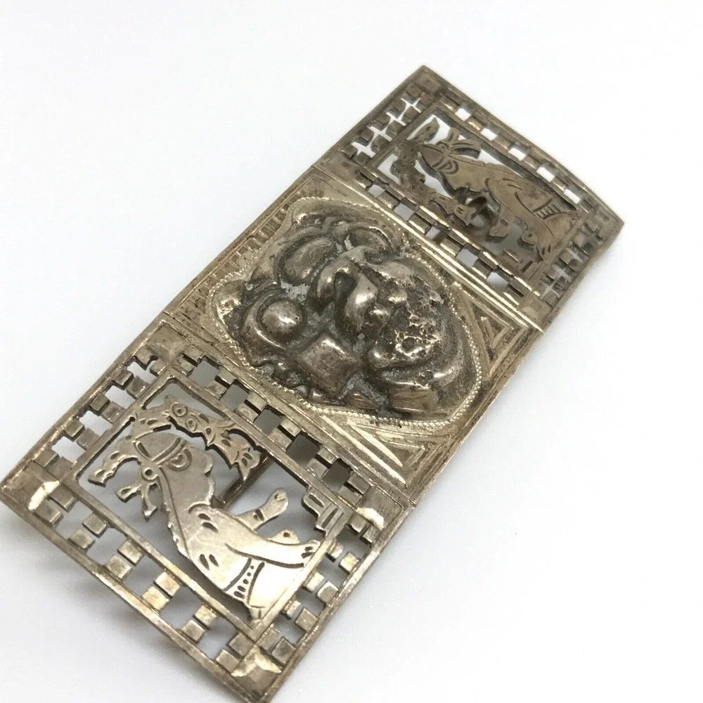 Vintage A.L. Guate Signed 900 Silver Unique Detailed Bar Shaped Brooch Pin